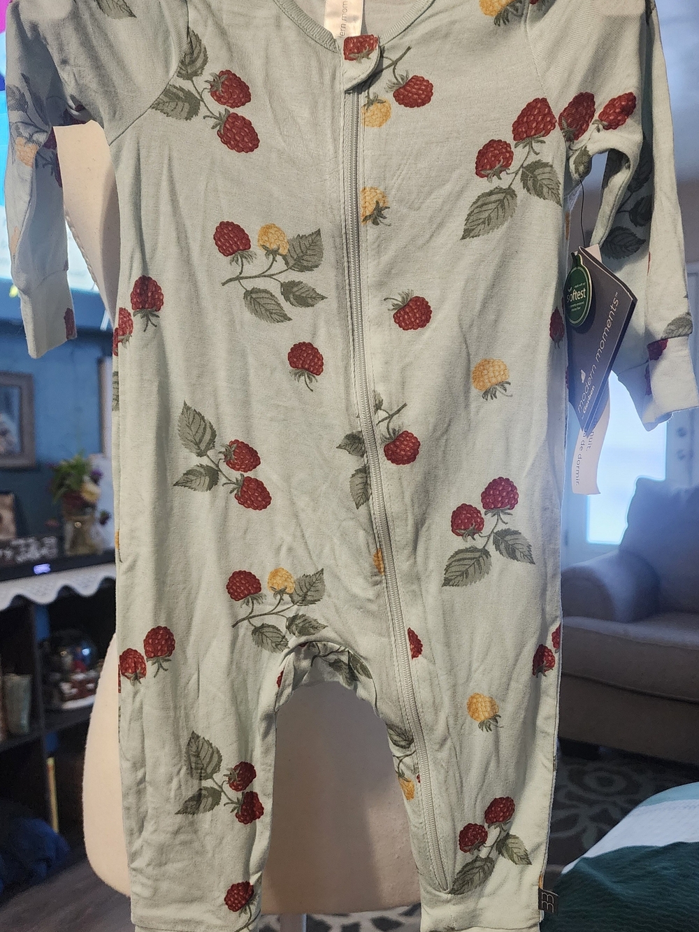 Baby Zip Sleep Sack Romper in Light Green Raspberry Print Sz 12M NWT